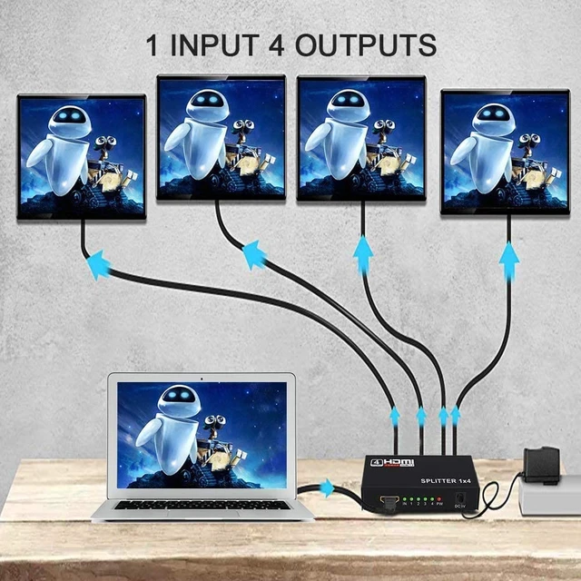 Alt view image 3 of 7 - HDMI Splitter 1 in 4 Out, 1x4 HDMI Splitter Audio Video Distributor Box Supports Full HD 1080P 4K/2K and 3D Resolutions Duplicate/Mirror Screen