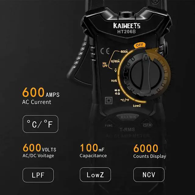 Alt view image 3 of 7 - Digital Clamp Meter T-RMS 6000 Counts, Multimeter Voltage Tester Auto-ranging, Measures Current Voltage Temperature Capacitance Resistance Diodes Continuity Duty-Cycle (AC Clamp Meter)