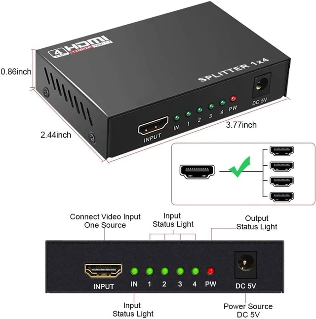 Alt view image 6 of 7 - HDMI Splitter 1 in 4 Out, 1x4 HDMI Splitter Audio Video Distributor Box Supports Full HD 1080P 4K/2K and 3D Resolutions Duplicate/Mirror Screen