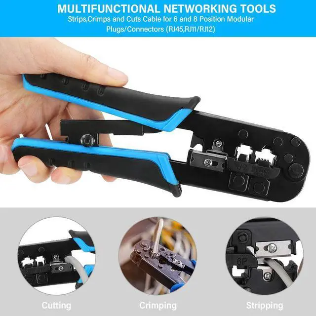 Alt view image 4 of 7 - RJ45 Crimp Tool Kit, 50 PCS RJ45 Connectors, 50 PCS Covers, 1 Cat5 Cat5e Ethernet Crimping Tool, 1 RJ45 Tester and 1 Mini Wire Stripper, RJ11, 6P/ RJ12, 8P/ RJ45 Crimp Tool Set