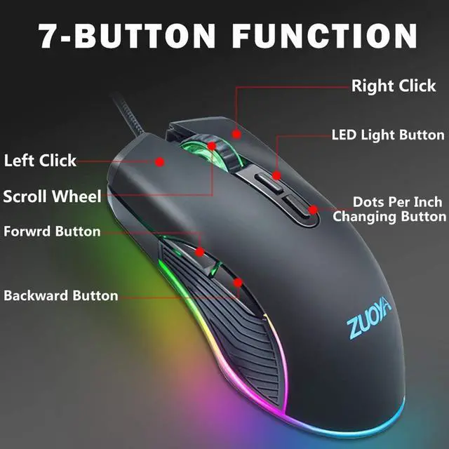 Alt view image 6 of 7 - Wired Gaming Mouse RGB Backlit Computer Mice 3600 DPI Adjustable Ergonomic Optical Game Mouse 7 Buttons for Gamer Windows PC