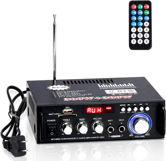 Main image of Wireless Bluetooth 5.0 Stereo Audio Amplifier, 300W+300W Dual Channel Power Sound Receiver w/USB, SD Card, FM Radio for Home Speakers & Theater System with Remote Controller - US Plug
