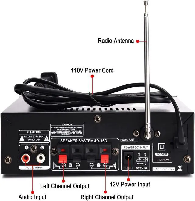 Alt view image 4 of 7 - Wireless Bluetooth 5.0 Stereo Audio Amplifier, 300W+300W Dual Channel Power Sound Receiver w/USB, SD Card, FM Radio for Home Speakers & Theater System with Remote Controller - US Plug