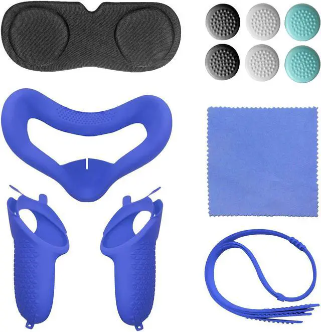 Main image of for Oculus Quest 2 Accessories - VR Face Silicone Cover + Touch Controller Grip Cover + Protective Lens dust-Proof Cover + Thumb Button Cap (Blue)