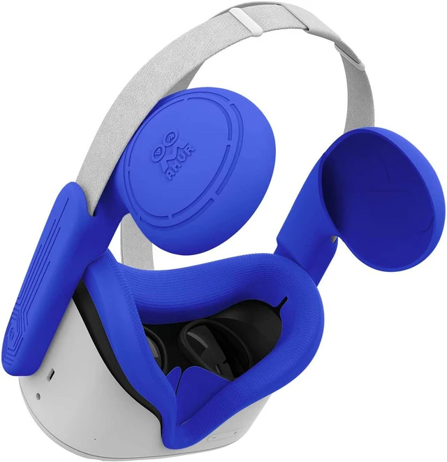 Main image of VR Silicone Face Cover & Ear Muffs for Oculus Quest 2 Headset, Sweatproof Waterproof Anti-Dirty Replacement Facial Cushion and Enhance Headset Sound Headphone Extension Cover (Blue, 1 Set)