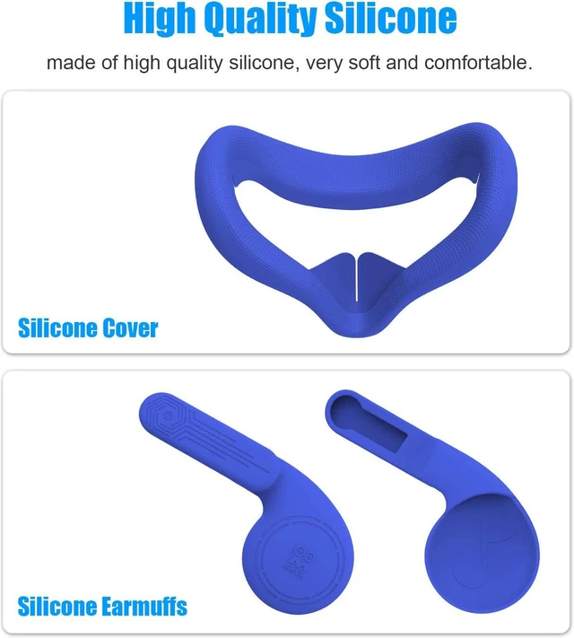 Alt view image 2 of 7 - VR Silicone Face Cover & Ear Muffs for Oculus Quest 2 Headset, Sweatproof Waterproof Anti-Dirty Replacement Facial Cushion and Enhance Headset Sound Headphone Extension Cover (Blue, 1 Set)