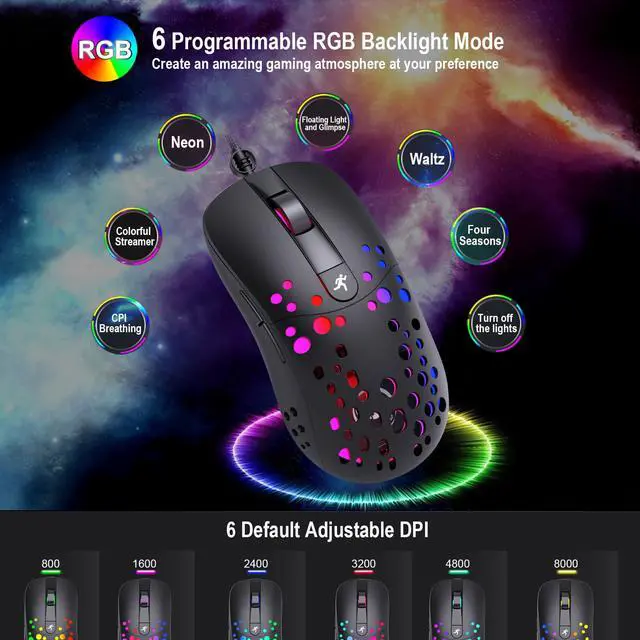 Alt view image 3 of 7 - Wired Gaming Mice, up to 8000DPI Adjustable 6 Buttons Wired Optical 6 RGB Lighting Modes USB Mouse for Laptop PC Windows 2000 / XP / win7 / win8 /win10