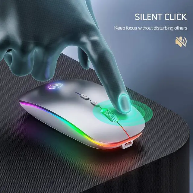 Alt view image 5 of 7 - LED Wireless Mouse, Rechargeable Silent 2.4G Wireless Computer Mouse with Home Button, RGB Cordless Mice for Laptop, PC,Mac, Silver