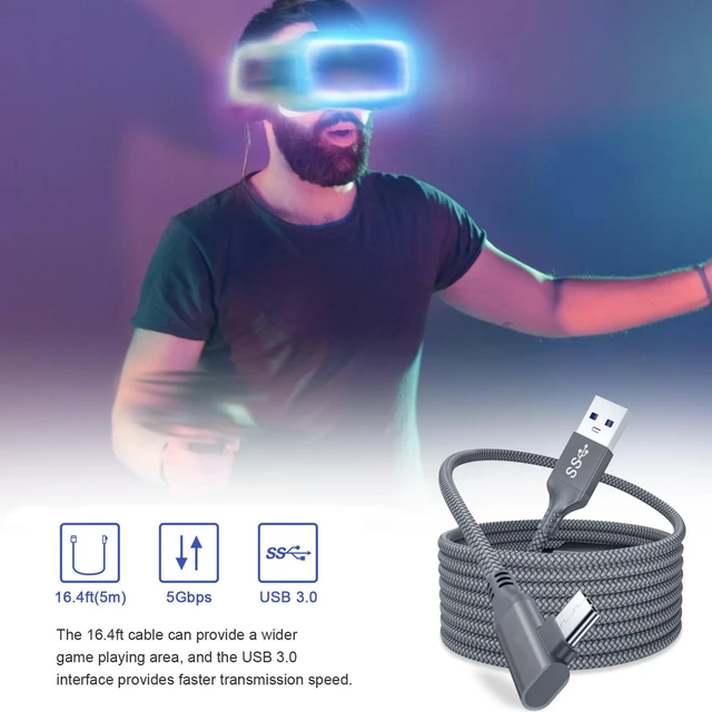Alt view image 4 of 7 - USB A to USB C Cable, Oculus Quest Link Cable Nylon Braid 16FT(5M), 5Gbps USB 3.2 Gen 1 3A High Speed Data Transfer & Fast Charging Cable Compatible for Oculus Quest VR Headset and Gaming PC