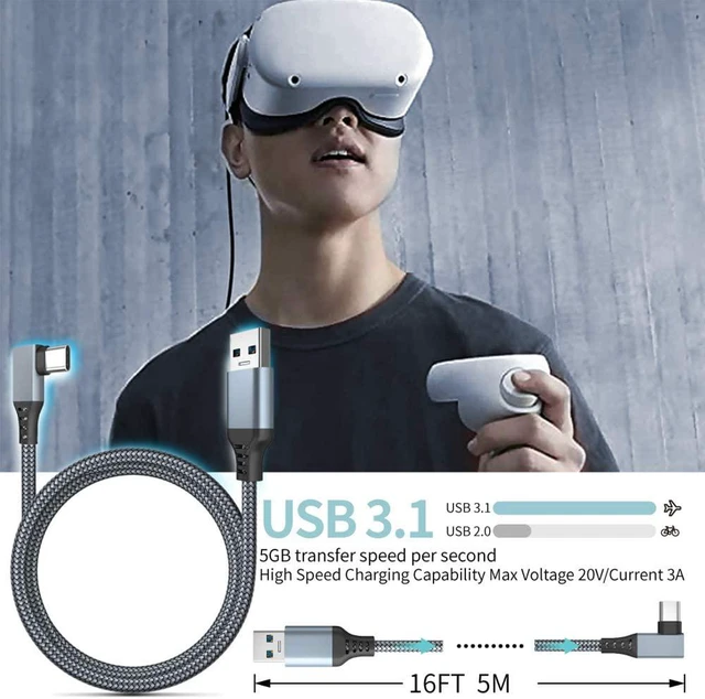 Alt view image 3 of 7 - USB A to USB C Cable, Oculus Quest Link Cable Nylon Braid 16FT(5M), 5Gbps USB 3.2 Gen 1 3A High Speed Data Transfer & Fast Charging Cable Compatible for Oculus Quest VR Headset and Gaming PC