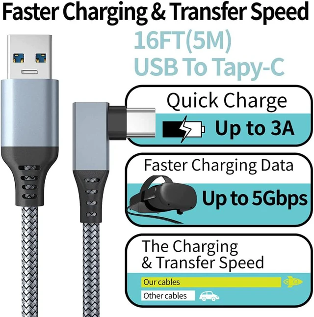 Alt view image 2 of 7 - USB A to USB C Cable, Oculus Quest Link Cable Nylon Braid 16FT(5M), 5Gbps USB 3.2 Gen 1 3A High Speed Data Transfer & Fast Charging Cable Compatible for Oculus Quest VR Headset and Gaming PC