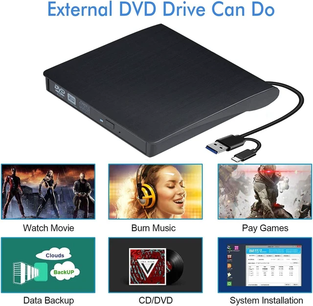 Alt view image 6 of 7 - External USB A & Type C CD DVD Drive, USB 3.0 & Type C Dual Port Portable Slim CD DVD +/-RW Drive Player Burner Writer Reader Rewriter For Macbook, Laptop, Computer Windows 7/8/10/XP/Vista/Mac OS