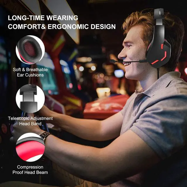 Alt view image 5 of 6 - PS4 Gaming Headset for Xbox One, PS5, PC, Over Ear Headphones with Noise-Cancelling Mic, J10 Wired Gaming Headset with Stereo Surround Sound, LED Light, Comfort Earmuff - Red giyqxHw