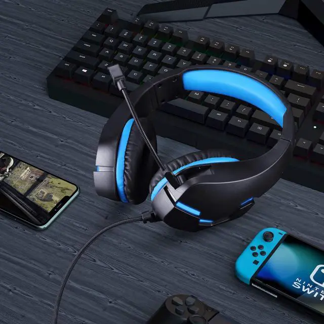 Alt view image 6 of 6 - PS4 Gaming Headset for Xbox One, PS5, PC, Over Ear Headphones with Noise-Cancelling Mic, J10 Wired Gaming Headset with Stereo Surround Sound, LED Light, Comfort Earmuff - Blue