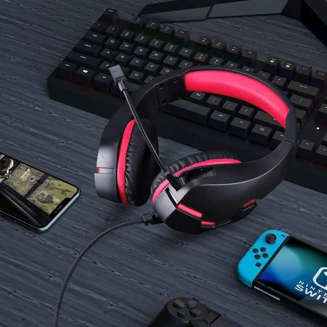 Alt view image 6 of 6 - PS4 Gaming Headset for Xbox One, PS5, PC, Over Ear Headphones with Noise-Cancelling Mic, J10 Wired Gaming Headset with Stereo Surround Sound, LED Light, Comfort Earmuff - Red giyqxHw