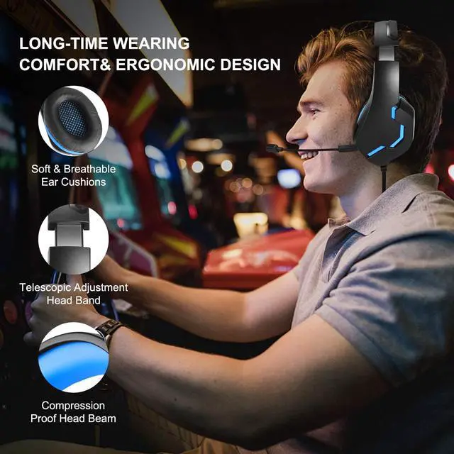 Alt view image 5 of 6 - PS4 Gaming Headset for Xbox One, PS5, PC, Over Ear Headphones with Noise-Cancelling Mic, J10 Wired Gaming Headset with Stereo Surround Sound, LED Light, Comfort Earmuff - Blue