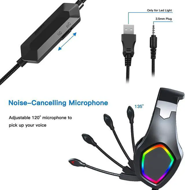Alt view image 7 of 7 - Over-Ear Gaming Headphones, eirix Computer Headset with Volume Control LED Light Noise Canceling Mic for PS4, PS5, Nintendo, Xbox One, PC, Laptop (Black)