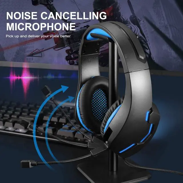 Alt view image 4 of 6 - PS4 Gaming Headset for Xbox One, PS5, PC, Over Ear Headphones with Noise-Cancelling Mic, J10 Wired Gaming Headset with Stereo Surround Sound, LED Light, Comfort Earmuff - Blue