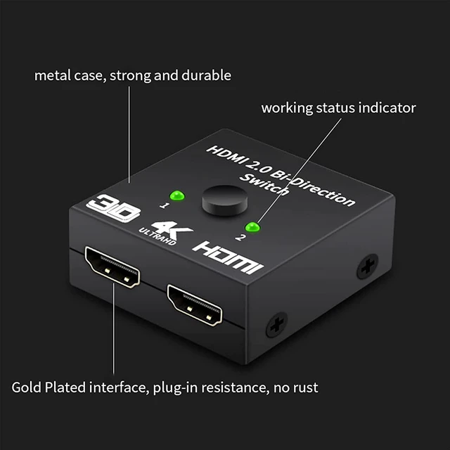 Alt view image 2 of 7 - HDMI Switch Bi-directional HDMI Splitter, 4K HDMI Switcher 2 Input 1 Output or 1 Input 2 Output, HDMI Switch Splitter 2 x 1/1 x 2 Supports 4K 3D HD 1080P for Xbox PS4 Roku HDTV