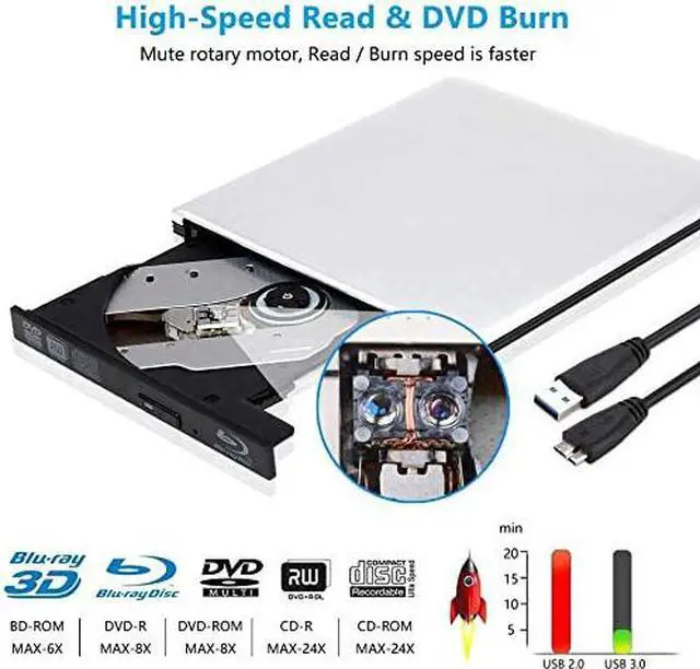 Alt view image 2 of 7 - External Blu Ray DVD Drive Burner 3D, Portable USB 3.0 Bluray Disc Burner Player Reader Writer BD DVD CD RW ROM Player for Mac OS, Linux, Windows XP/Vista/7/8/10, PC, Aluminum SIlver