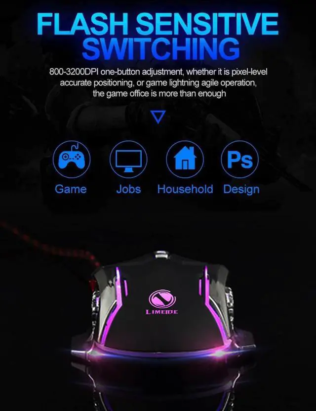 Alt view image 5 of 7 - Ergonomic Wired Gaming Mouse, USB Optical Mouse Mice with 4 Color Backlit, 800 to 3200 DPI 4 Levels Adjustable for Games & Work Laptop PC Computer (Black)
