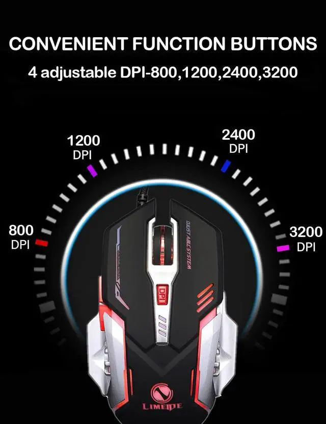 Alt view image 3 of 7 - Ergonomic Wired Gaming Mouse, USB Optical Mouse Mice with 4 Color Backlit, 800 to 3200 DPI 4 Levels Adjustable for Games & Work Laptop PC Computer (Black)