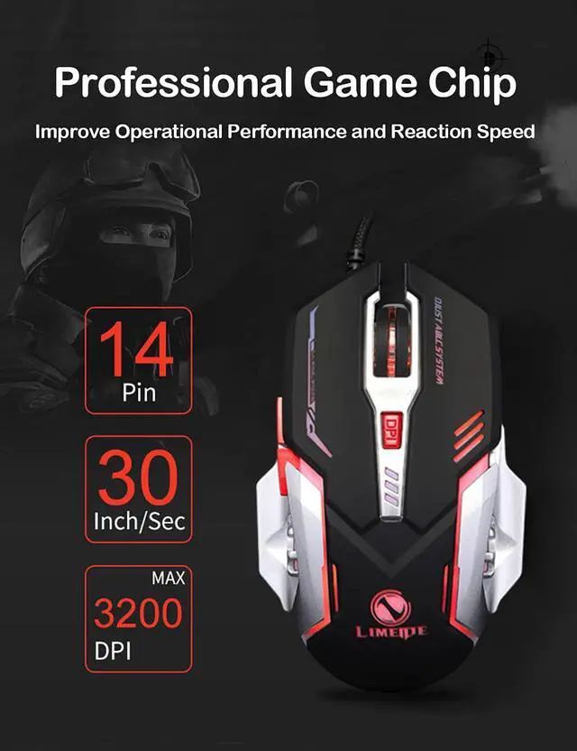 Alt view image 4 of 7 - Ergonomic Wired Gaming Mouse, USB Optical Mouse Mice with 4 Color Backlit, 800 to 3200 DPI 4 Levels Adjustable for Games & Work Laptop PC Computer (Black)