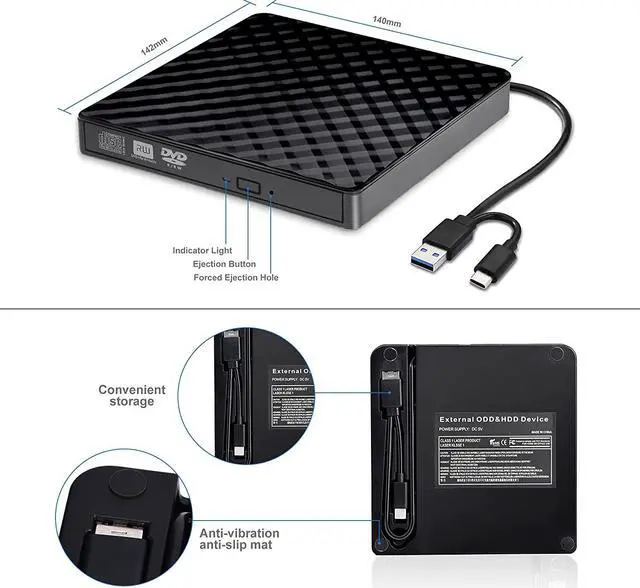 Alt view image 5 of 7 - [New Upgraded] External CD DVD Drive, USB 3.0 and Type-C Portable CD DVD +/-Rw Drive Reader, DVD/CD ROM Burner Rewriter, Slim Optical DVD Drive for Laptop, Desktop, Mac, Macbook, OS/ Windows/ Linux
