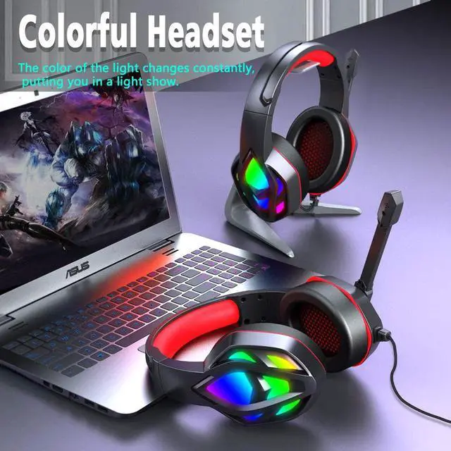 Alt view image 2 of 7 - Wired Gaming Headset for PC Xbox One, Over Ear Headphones with Color Changing LED Light, Gaming Headphones for PS4 PS5 Laptop Mac, Stereo Mic Surround Sound, 3.5mm Audio Jack, Foam Ear Pads, Black Red