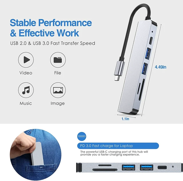 Alt view image 4 of 7 - USB C Hub, 4K HDMI Multiport Adapter with 87W Type-C PD Charging Adapter, 2 USB Ports, SD/TF Card Reader, Aluminum 6 in 1 USB Dongle, Portable Docking Station for Laptop, MacBook Pro/Air, Mac Surface
