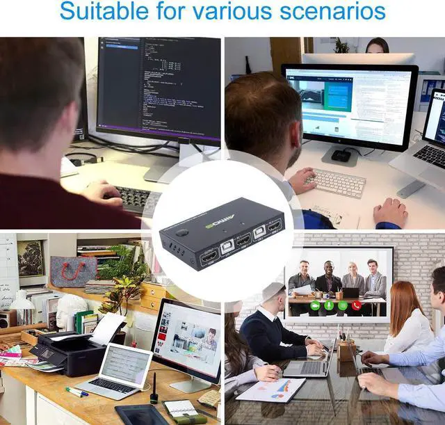 Alt view image 6 of 7 - KVM Switch HDMI 2 Port Box, AIMOS USB and HDMI Switches 4 USB Hub, UHD 4K @30Hz, for 2 Computers Share Keyboard Mouse and one HD Monitor