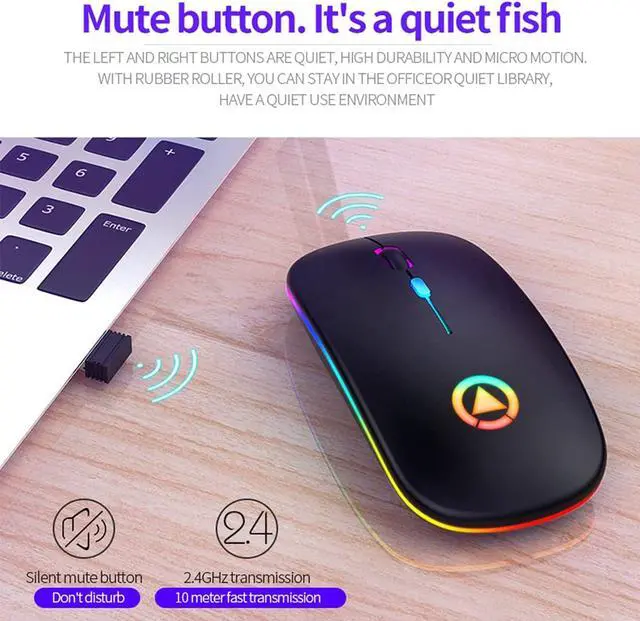 Alt view image 3 of 7 - LED Backlit Wireless Mouse, Rechargeable Slim Silent Mouse 2.4G PC Computer Laptop Mice with USB Receiver for Notebook, PC, Laptop, Computer, MacBook (Black)