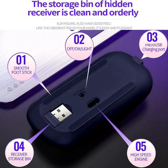 Alt view image 5 of 7 - LED Backlit Wireless Mouse, Rechargeable Slim Silent Mouse 2.4G PC Computer Laptop Mice with USB Receiver for Notebook, PC, Laptop, Computer, MacBook (Black)