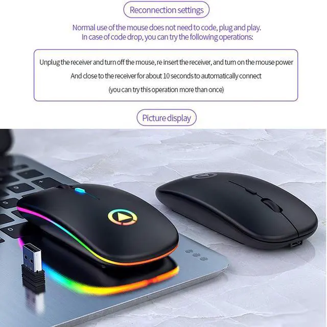 Alt view image 6 of 7 - LED Backlit Wireless Mouse, Rechargeable Slim Silent Mouse 2.4G PC Computer Laptop Mice with USB Receiver for Notebook, PC, Laptop, Computer, MacBook (Black)