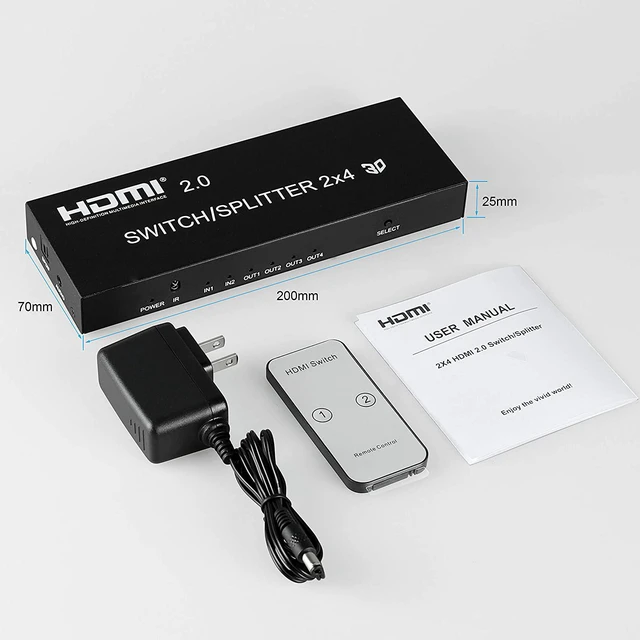 Alt view image 7 of 7 - 4K @60Hz HDMI Switch Splitter 2 in 4 Out with Remote, IHDAPP 2x4 HDMI Splitter Switcher 4K with SPDIF & 3.5mm Audio, Support 4K, 3D, 1080p, HDCP2.2, HDR 10 for PS4, Xbox, Fire Stick, etc