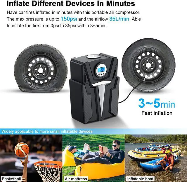 Alt view image 2 of 7 - Tire Inflator for Car, Portable air Compressor for car Tires, 12V DC tire Pump with led Light, Digital air Pump for Bicycle and Other Inflatables(Black)
