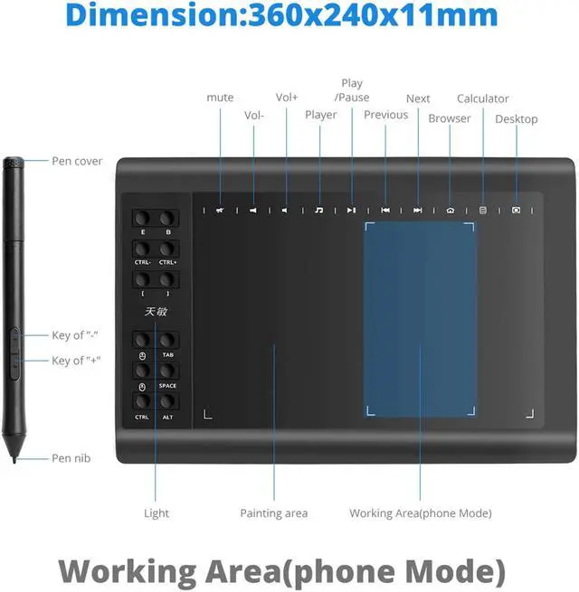 Alt view image 2 of 7 - 10moons 10x6 Inch Graphics Drawing Tablet Android Support with Battery-Free Stylus and 8192 Pressure Sensitivity for Digital Art Works, Drawing, Sketch, Design, Paint - Black