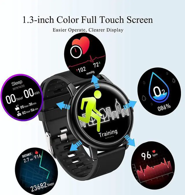 Alt view image 2 of 6 - Smart Watch, Fitness Watch with Heart Rate Monitor, Full Touch Color Screen Pedometer Sleep Blood Pressure Blood Oxygen Tracker, IP68 Waterproof Activity Tracker, Smartwatch for Android and iOS