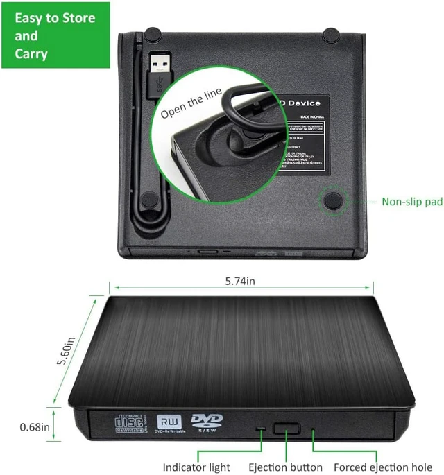 Alt view image 7 of 7 - USB 3.0 External DVD CD Drive & CD DVD +/-RW Writer/Rewriter/Player High Speed Data Transfer CD/DVD Burner for Laptop Windows XP/Vista/7/8/10 (Black)
