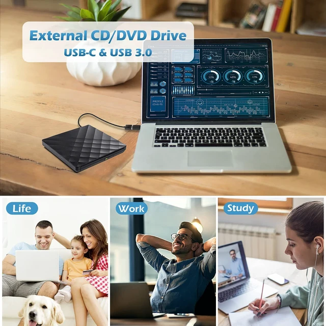 Alt view image 7 of 7 - External DVD Drive USB 3.0 Type-C Portable CD DVD +/-RW Drive for Laptop DVD Player CD ROM Rewriter Burner Compatible with Laptop Desktop PC Windows MacBook Mac Linux Mac OS