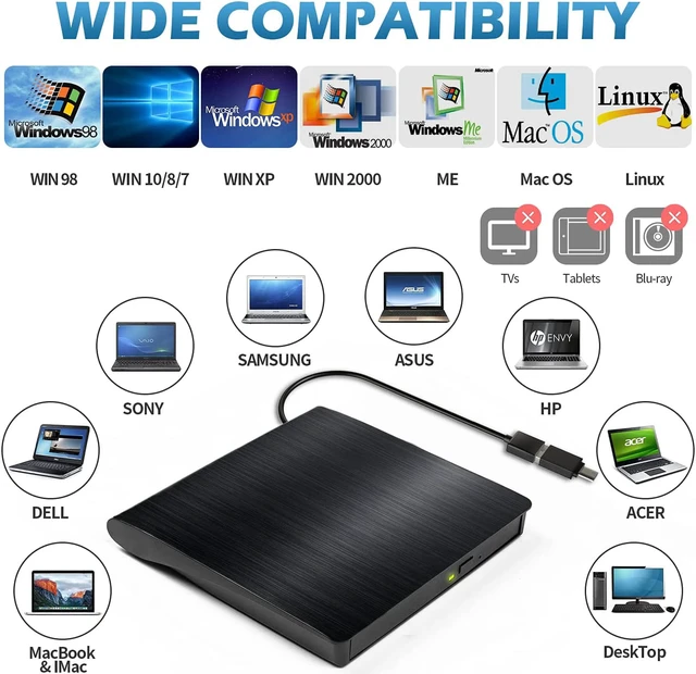Alt view image 4 of 7 - External DVD Drive USB 3.0 Type-C CD Burner Portable CD DVD +/-RW Drive DVD Player for Laptop CD ROM Rewriter Burner Compatible with Laptop Desktop PC Windows MacBook Mac Linux Mac OS