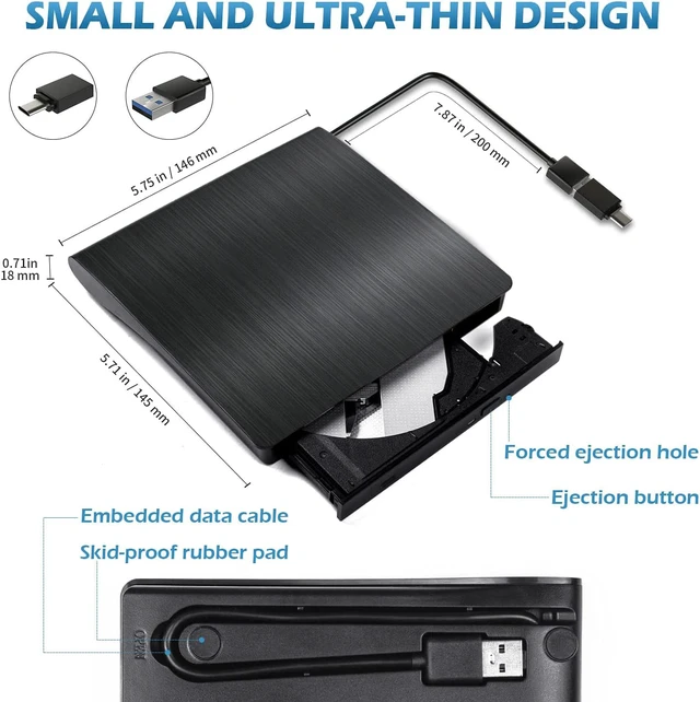 Alt view image 5 of 7 - External DVD Drive USB 3.0 Type-C CD Burner Portable CD DVD +/-RW Drive DVD Player for Laptop CD ROM Rewriter Burner Compatible with Laptop Desktop PC Windows MacBook Mac Linux Mac OS