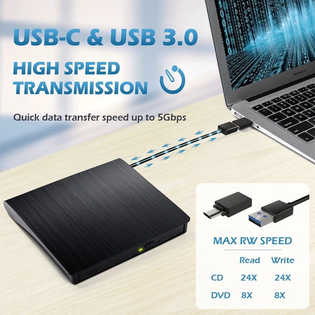 Alt view image 2 of 7 - External DVD Drive USB 3.0 Type-C CD Burner Portable CD DVD +/-RW Drive DVD Player for Laptop CD ROM Rewriter Burner Compatible with Laptop Desktop PC Windows MacBook Mac Linux Mac OS