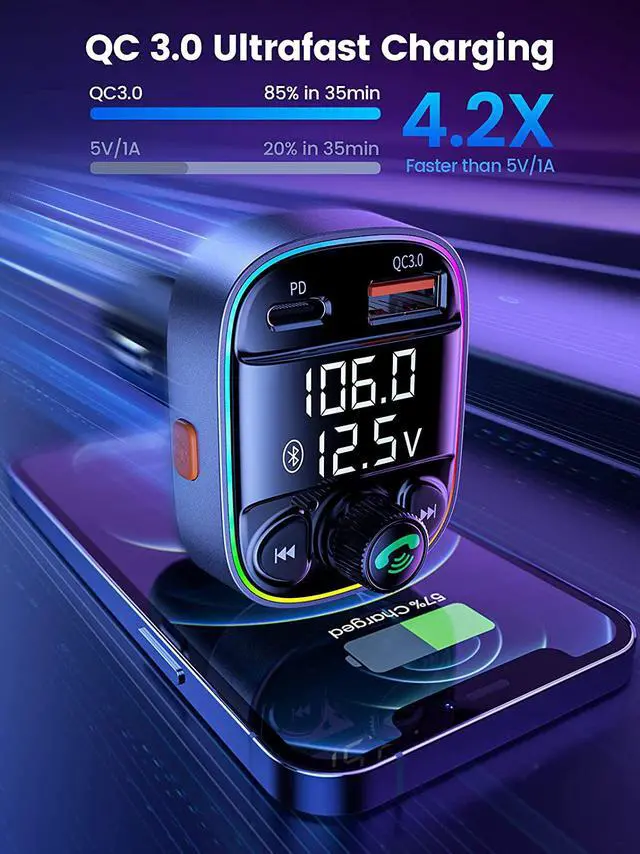 Alt view image 5 of 7 - Handsfree Call Bluetooth Adapter for Car, FM Transmitter with QC3.0+PD Port Charger,7 Color LED Atmosphere Light Mp3 Audio Music Stereo Adapter Support TF Card & USB Disk