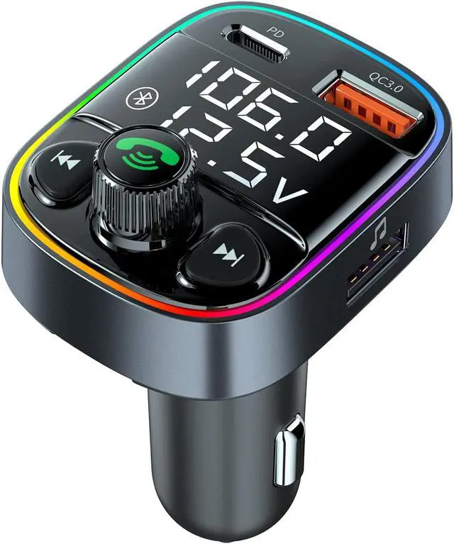 Main image of Handsfree Call Bluetooth Adapter for Car, FM Transmitter with QC3.0+PD Port Charger,7 Color LED Atmosphere Light Mp3 Audio Music Stereo Adapter Support TF Card & USB Disk