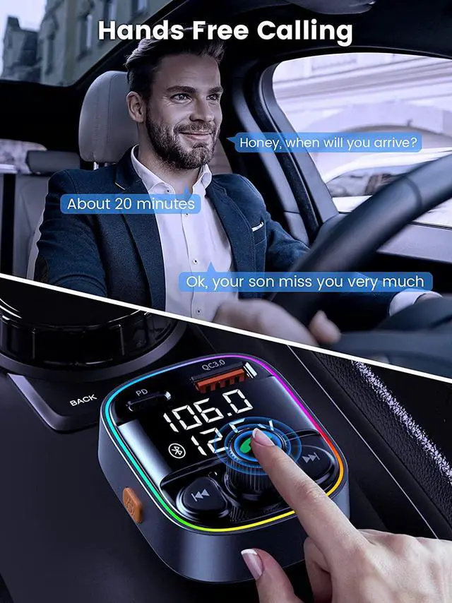 Alt view image 4 of 7 - Handsfree Call Bluetooth Adapter for Car, FM Transmitter with QC3.0+PD Port Charger,7 Color LED Atmosphere Light Mp3 Audio Music Stereo Adapter Support TF Card & USB Disk
