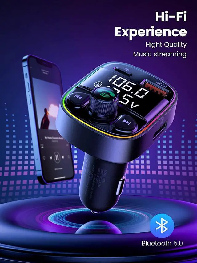 Alt view image 2 of 7 - Handsfree Call Bluetooth Adapter for Car, FM Transmitter with QC3.0+PD Port Charger,7 Color LED Atmosphere Light Mp3 Audio Music Stereo Adapter Support TF Card & USB Disk