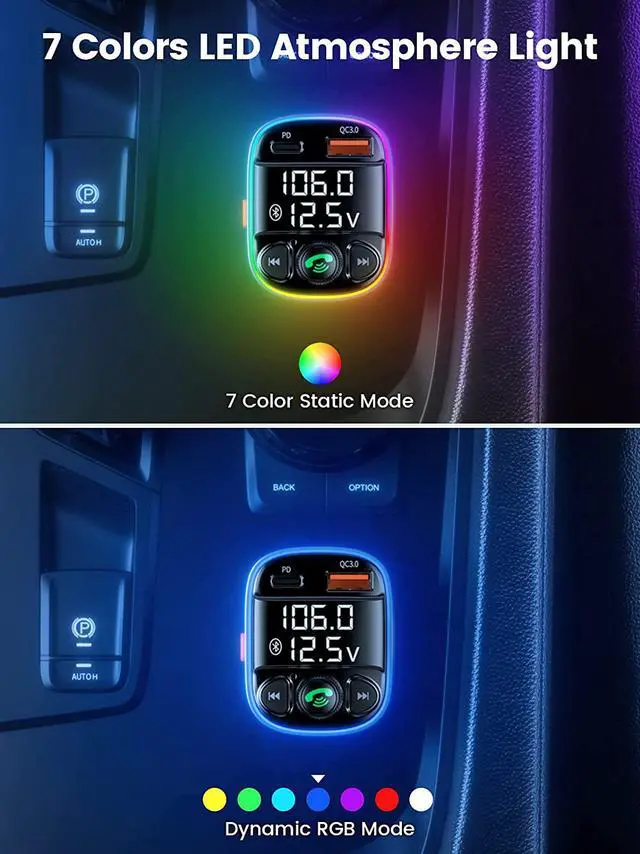 Alt view image 6 of 7 - Handsfree Call Bluetooth Adapter for Car, FM Transmitter with QC3.0+PD Port Charger,7 Color LED Atmosphere Light Mp3 Audio Music Stereo Adapter Support TF Card & USB Disk