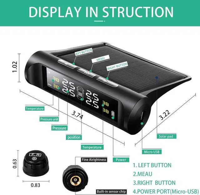 Alt view image 2 of 7 - TPMS Tire Pressure Monitoring System Solar Power Charging with 4 Advanced External TMPS Sensors, 5 Alarm Modes, Simple Installation and Setup (0-3.5 Bar/ 0-51 PSI)