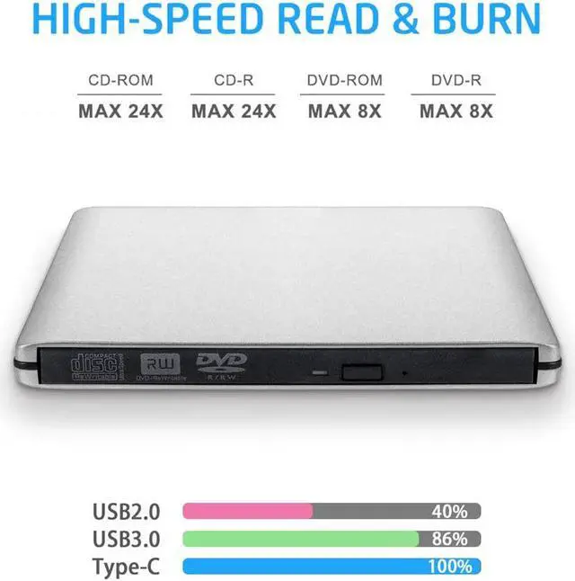 Alt view image 5 of 7 - External DVD CD Drive, Aluminum USB 3.0 Lightscribe DVD Burner Type-C Portable DVD CD +/-RW Rewriter Reader Slim Optical Drive Compatible with Macbook Laptop Desktop (Silver)